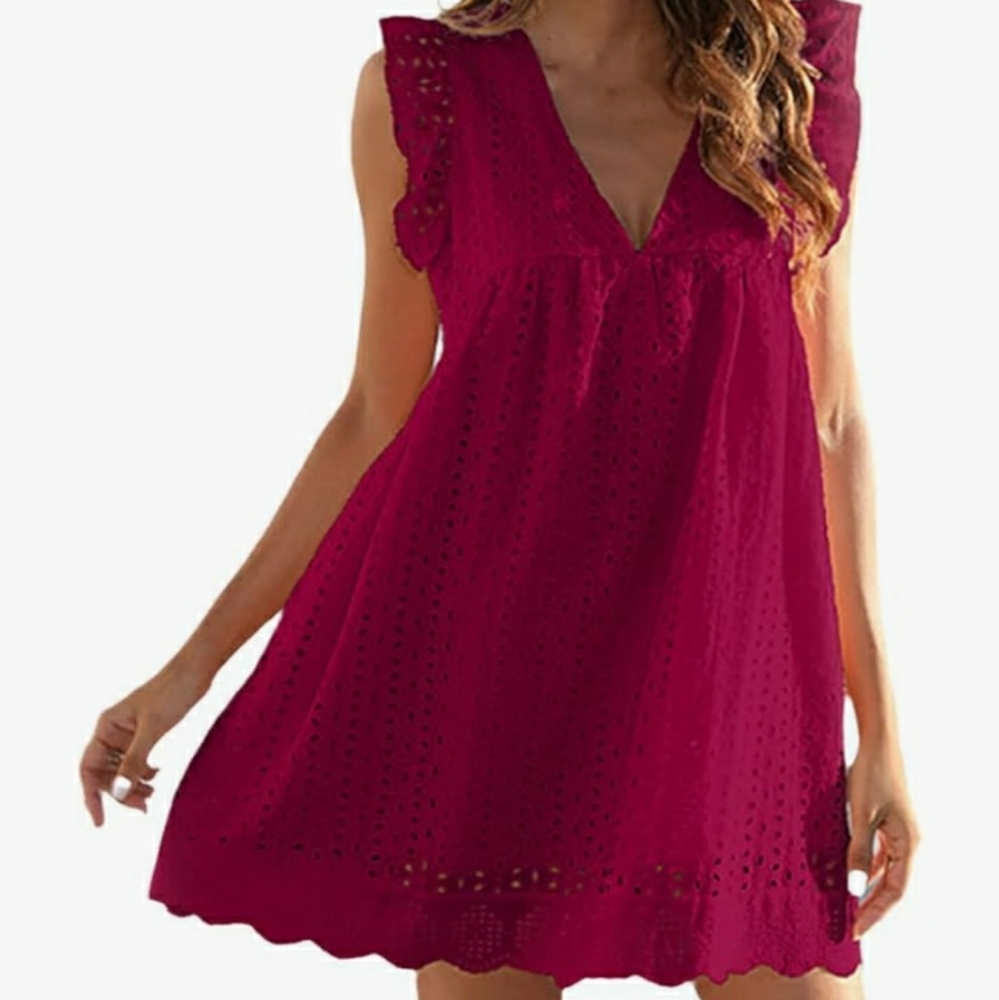 Zeagoo Dress V Neck Ruffled Sleeves Pockets Lace Raspberry Size XL